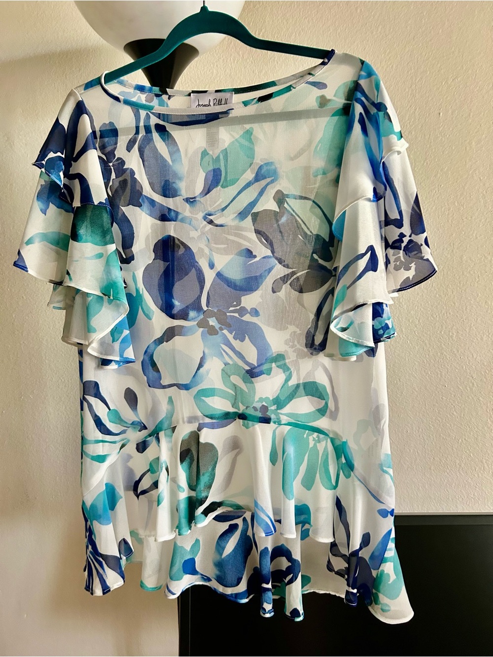 Joseph Ribkoff Teal, Aqua & Navy Floral Sheer Blouse